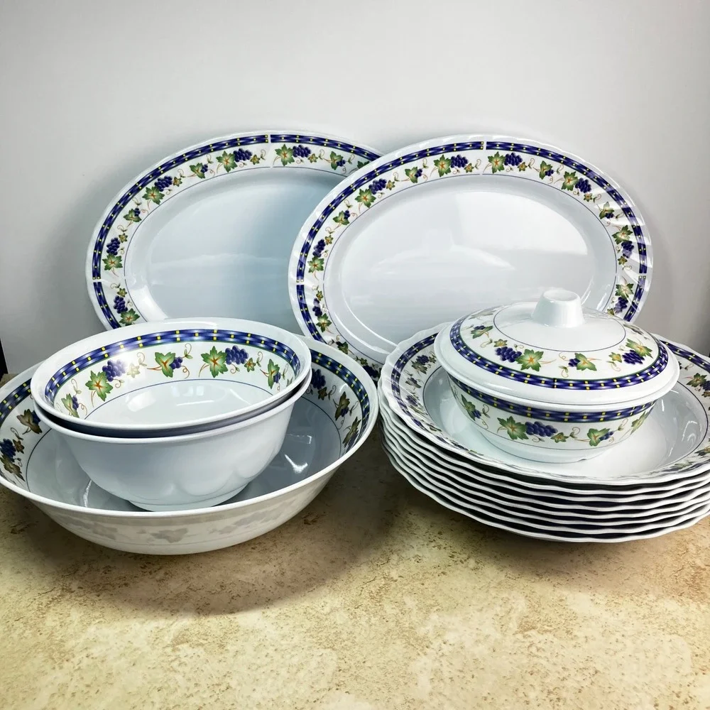 Melamine Ware Dinnerware Set 21pc White Grape Vine Pattern Platters Bowls Spoons